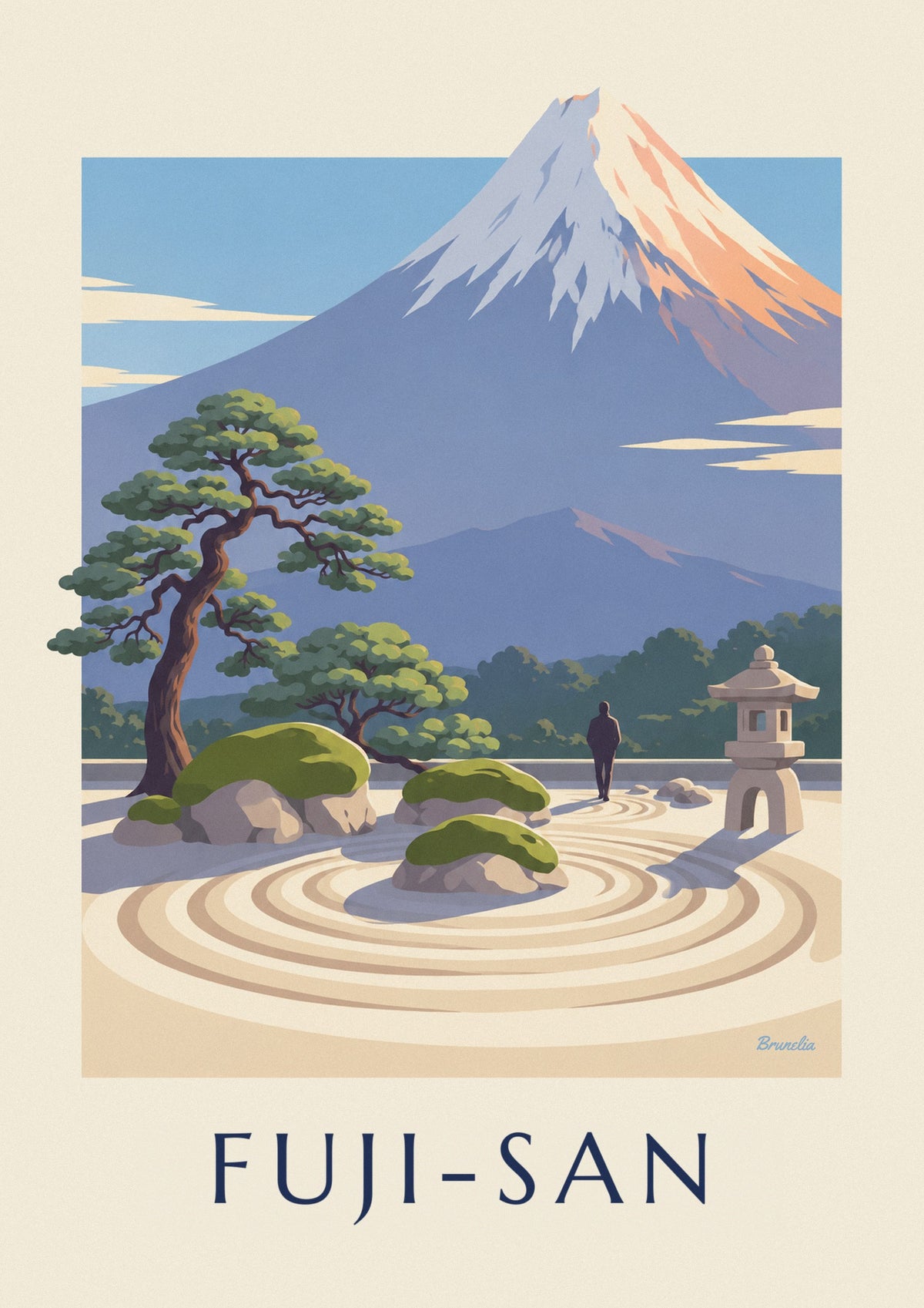 Affiche jardin zen japonais face au mont Fuji