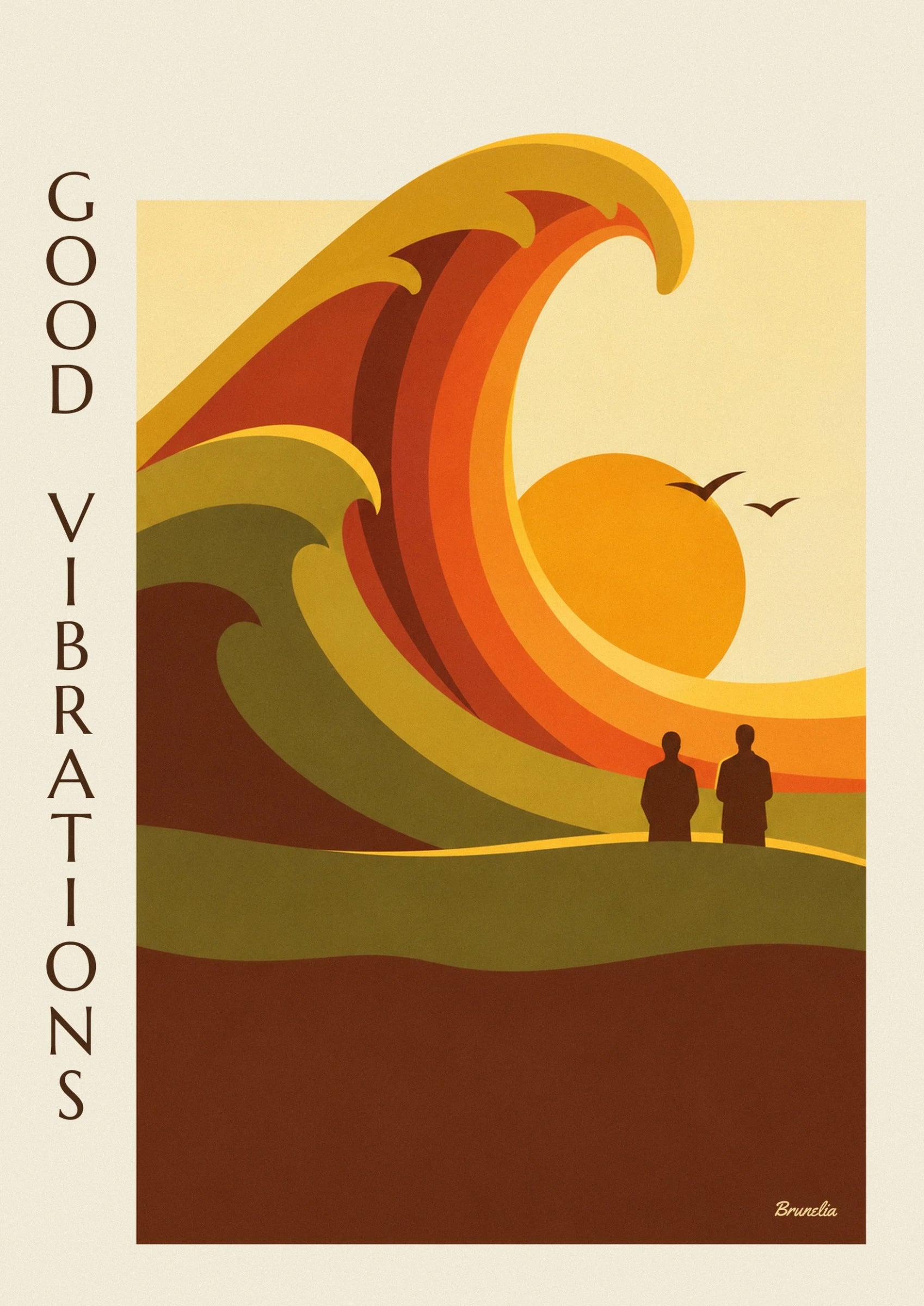 Large red and orange curves edged in yellow around a cream shape