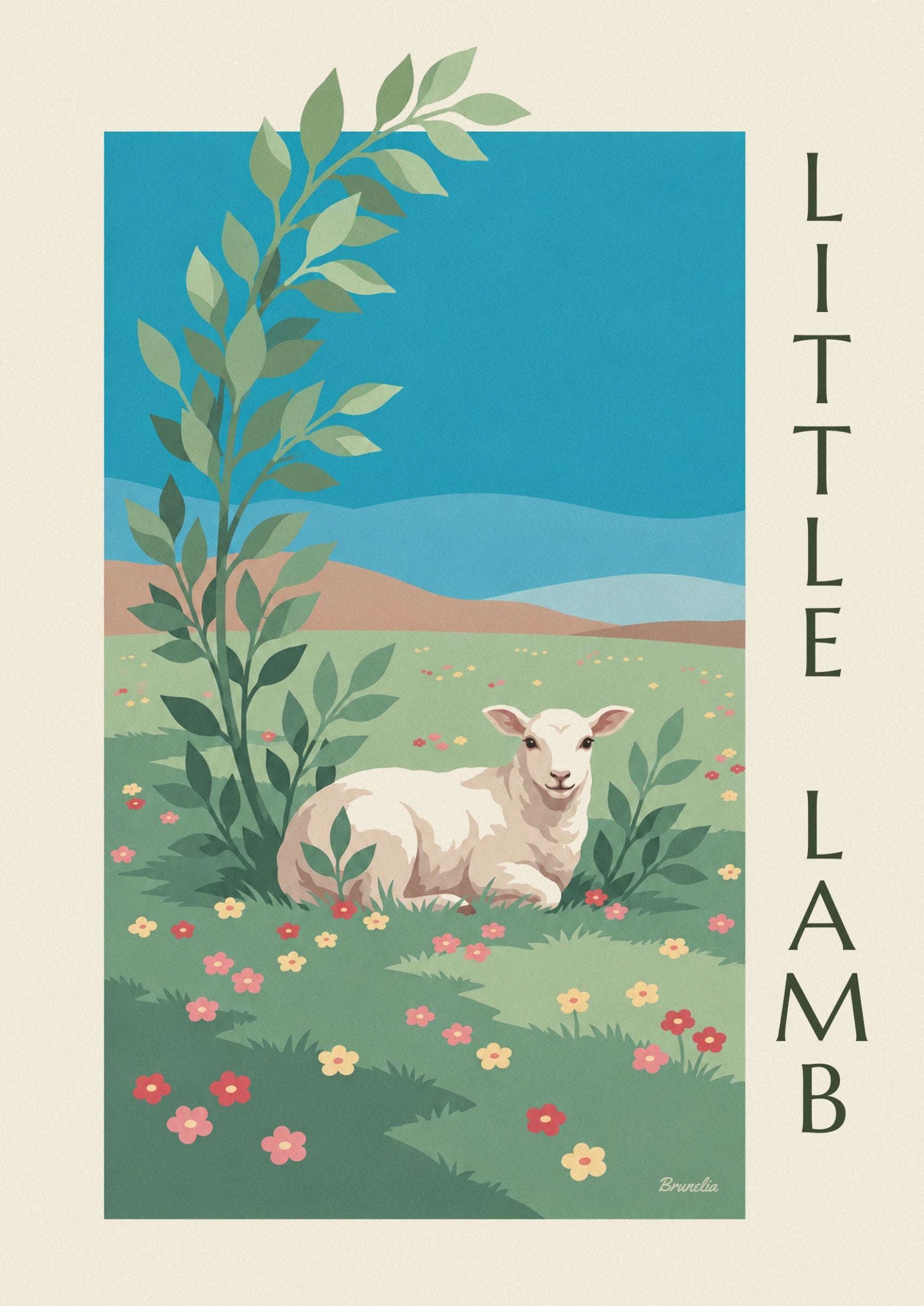The little white lamb lying in the grass, surrounded by pink and yellow flowers
