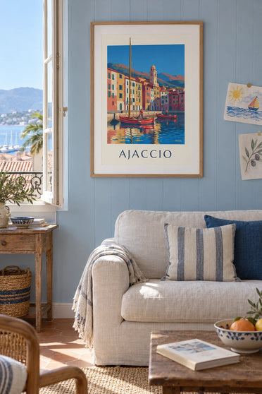 Poster of fishing boats at the Tino Rossi port in Ajaccio: framed on the wall
