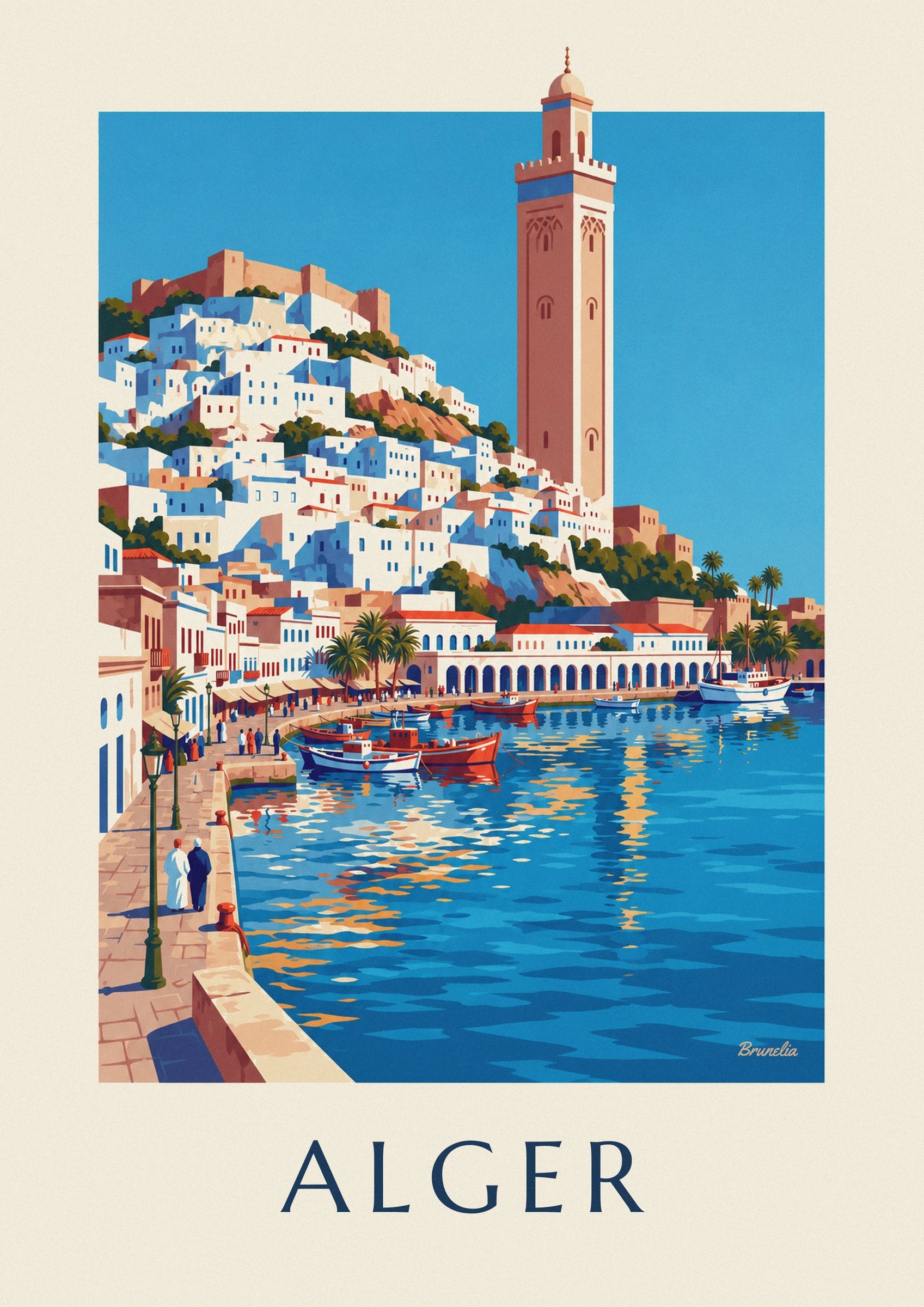Affiche Casbah blanche d'Alger descendant vers la Méditerranée : détail en gros plan