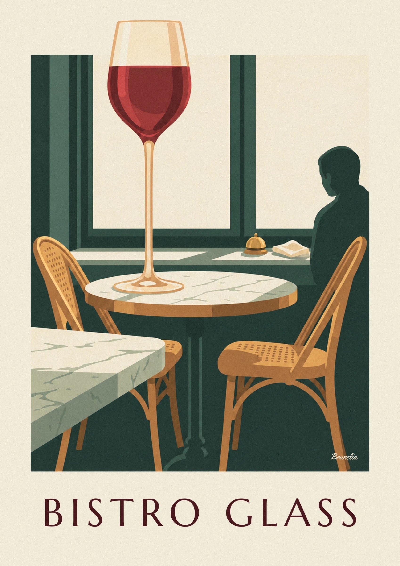 A glass of red wine with a long golden stem in front of the bistro’s green wood panelling