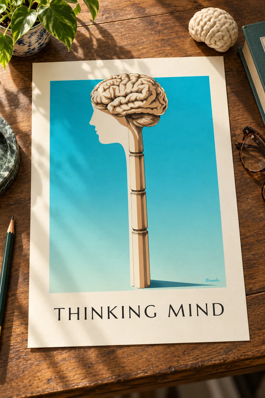 Affiche planche anatomique du cerveau humain de profil : posée sur une table