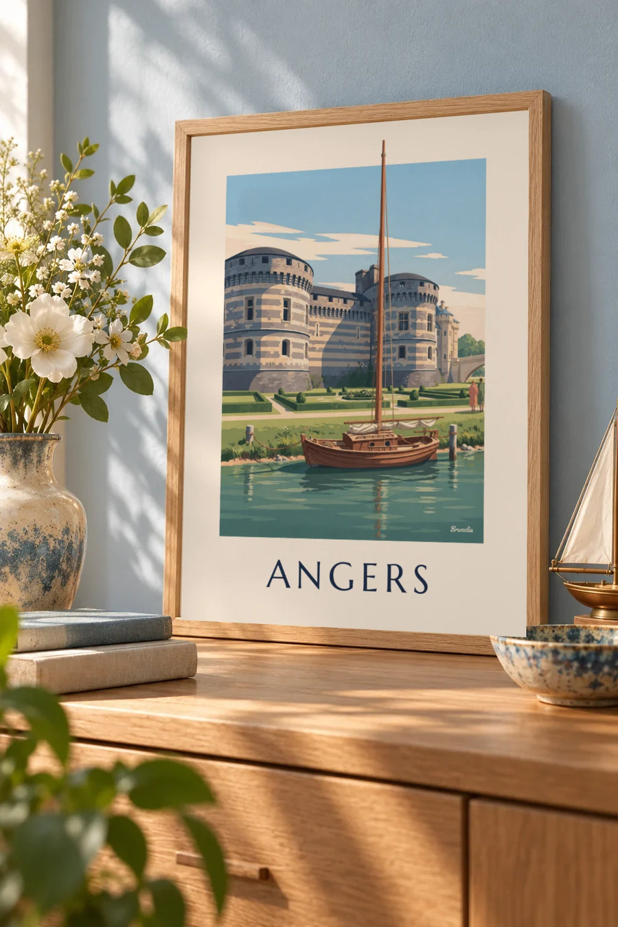 Affiche château d'Angers et voilier amarré sur la Maine : petit format A4 encadré