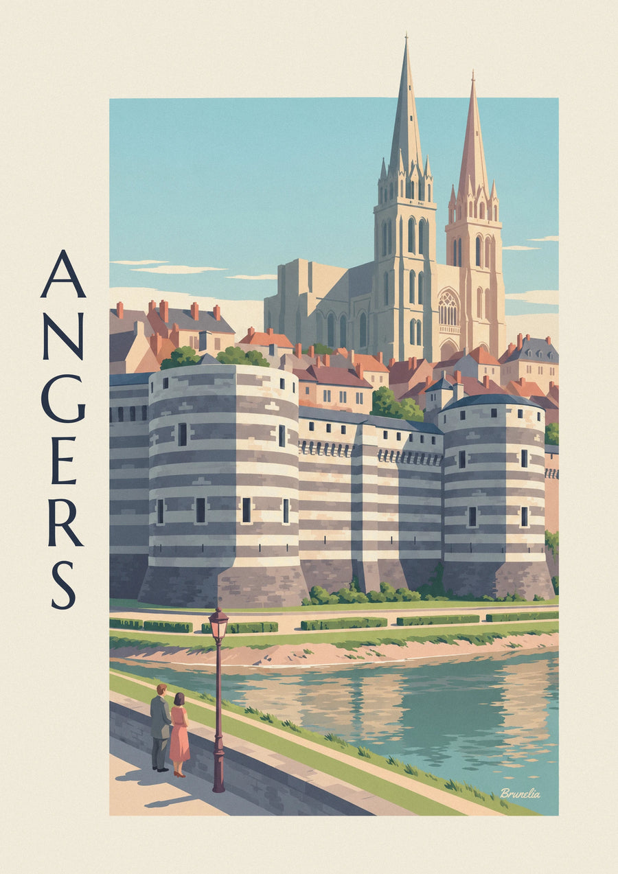 Affiche château d'Angers et cathédrale au bord de la Maine
