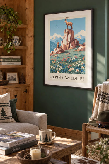 Poster fauna en flora van de Alpen, steenbok, marmot en edelweiss: ingelijst aan de muur