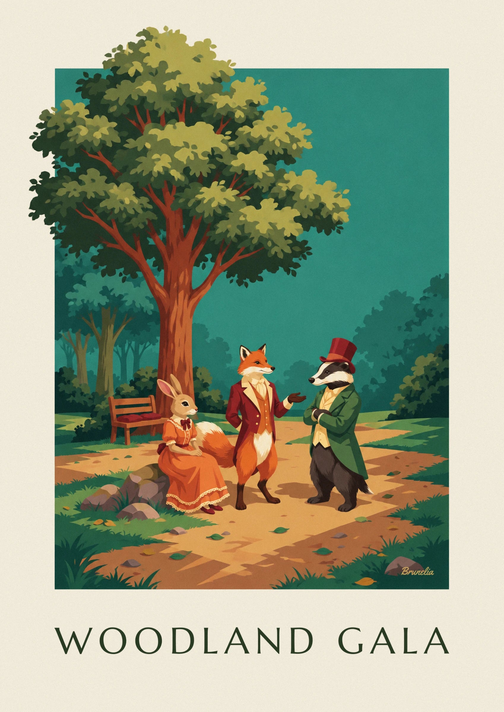 Le renard en redingote bordeaux face au blaireau en habit vert et haut-de-forme rouge