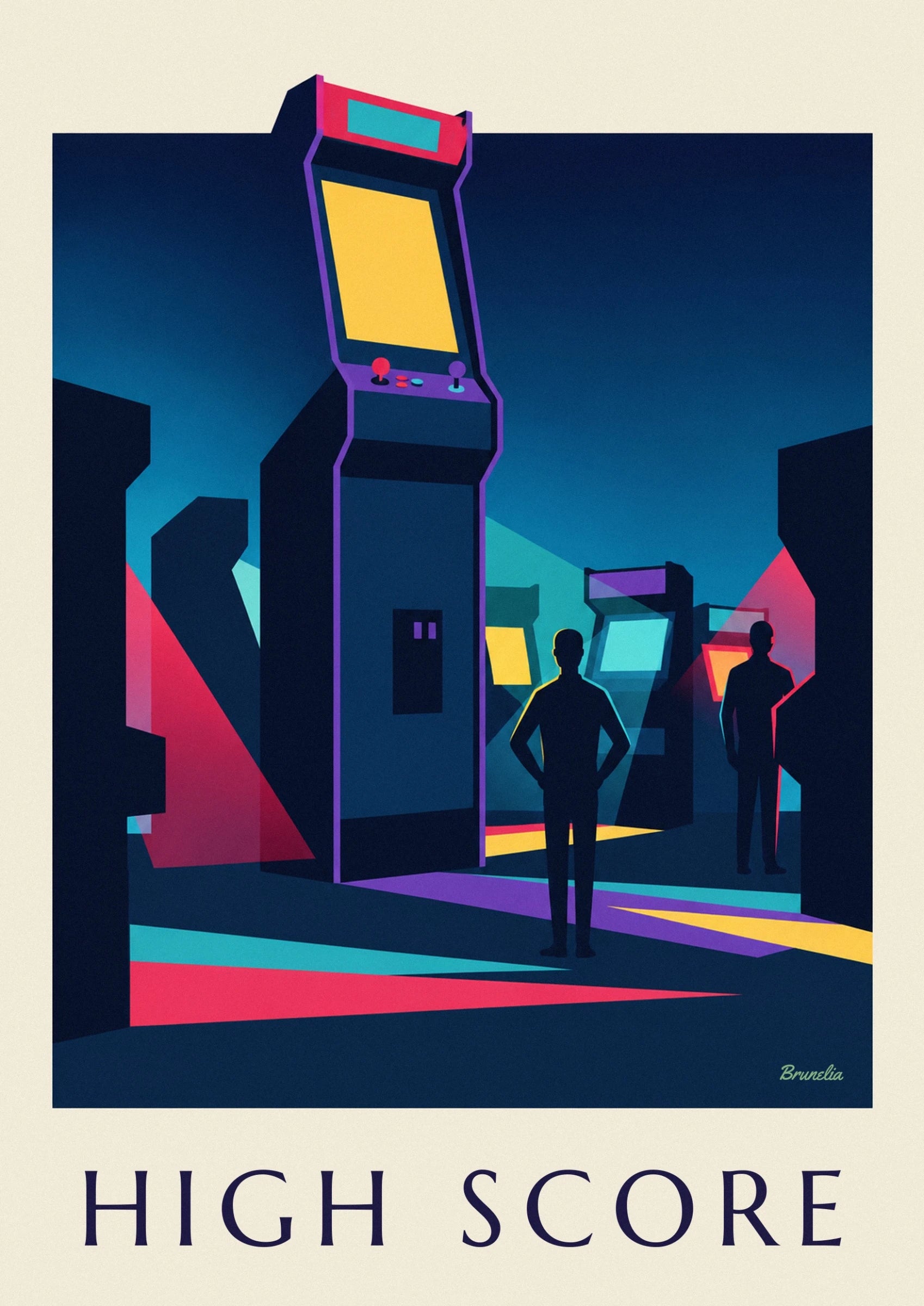 Une borne d’arcade à écran jaune, bordures violettes et 2 joysticks colorés