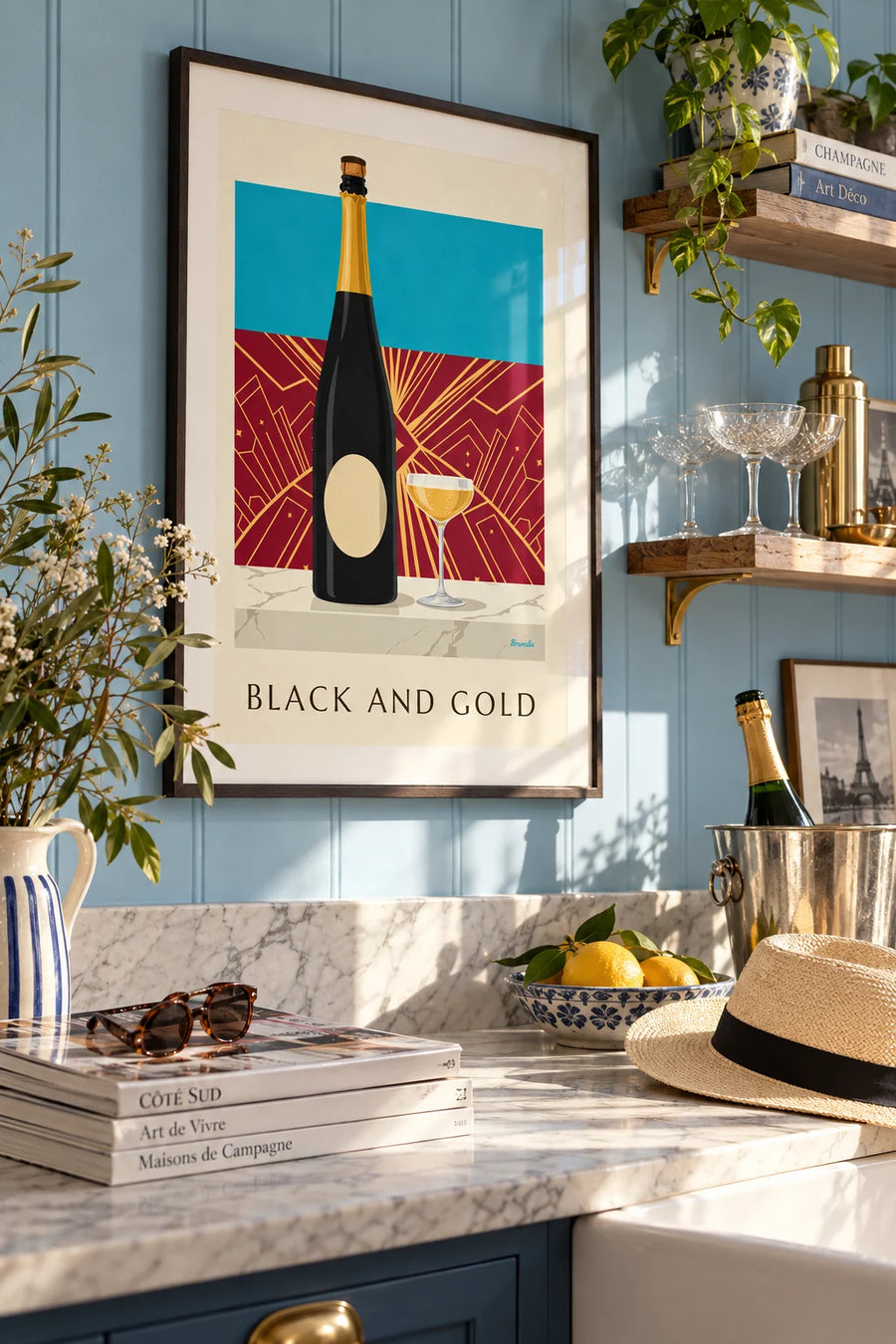 Poster champagnefles brut zwart en goud: ingelijst aan de muur