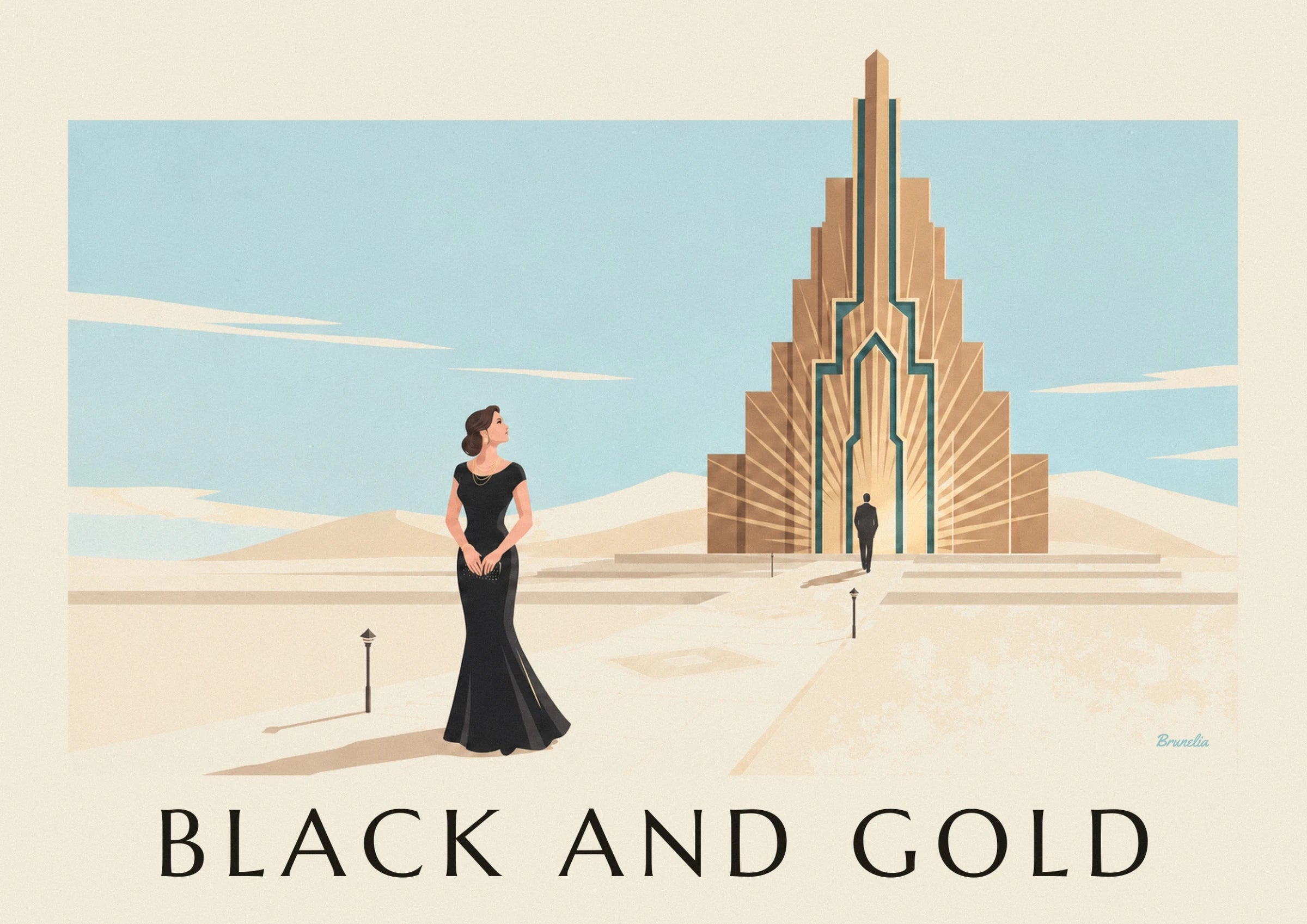 A woman in a long black dress with gold necklaces and a clutch bag, in front of pale steps