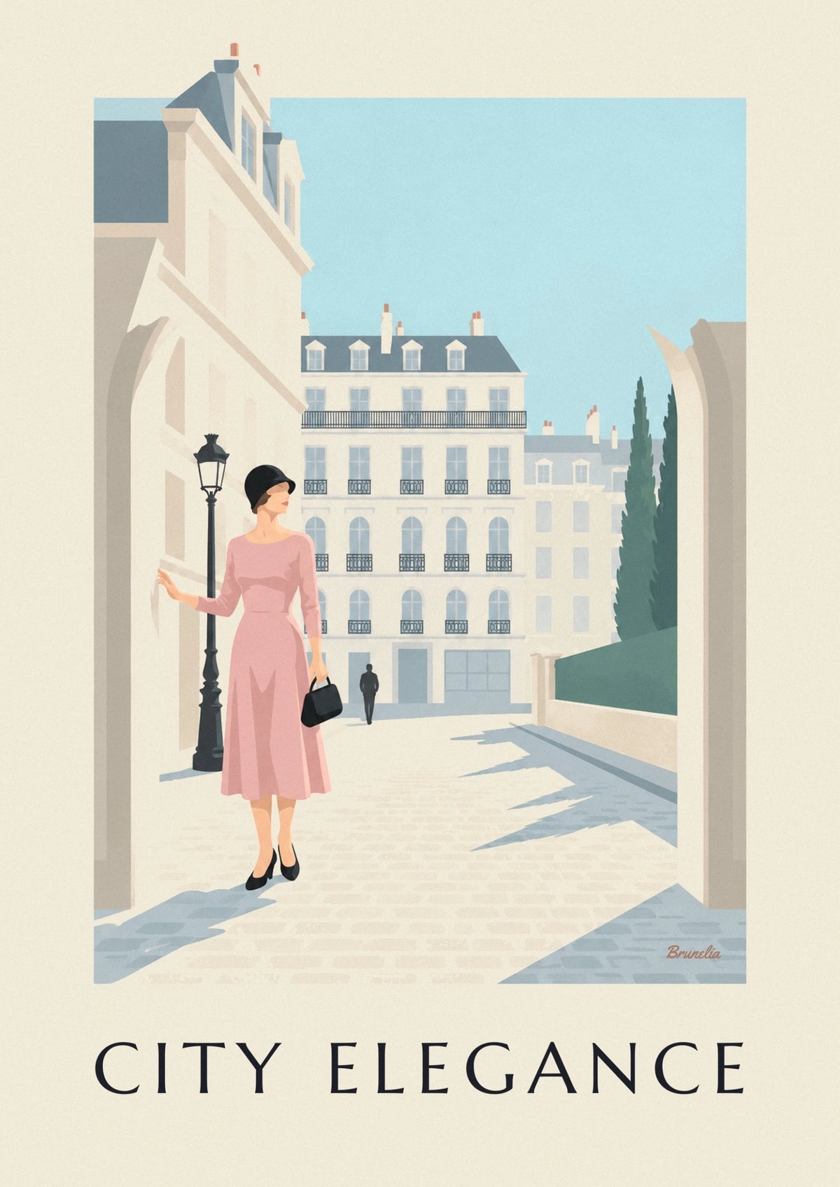 Refined woman in front of a city facade in black and pastel poster