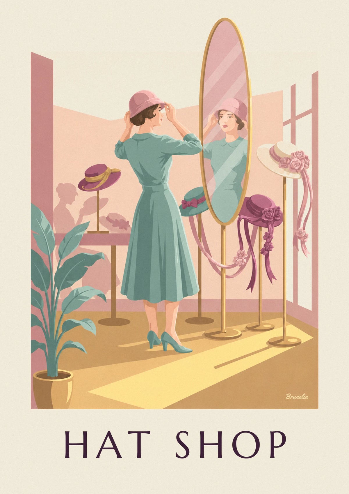 Affiche femme essayant un chapeau chez la modiste