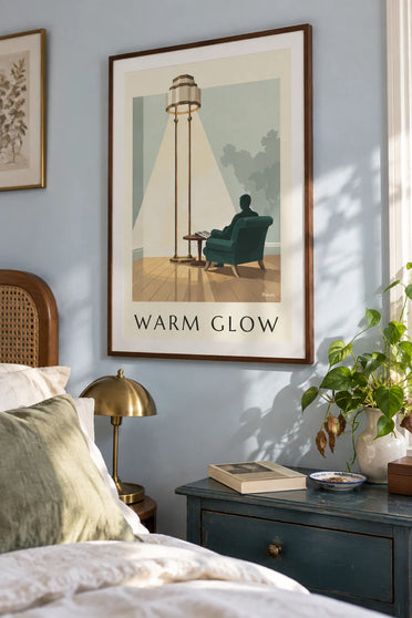 Poster staande lamp met geometrische kap en fauteuil: ingelijst aan de muur