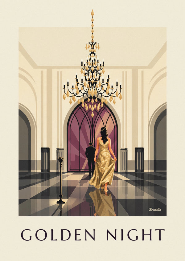 Affiche femme en robe dorée à paillettes sous un lustre de bal