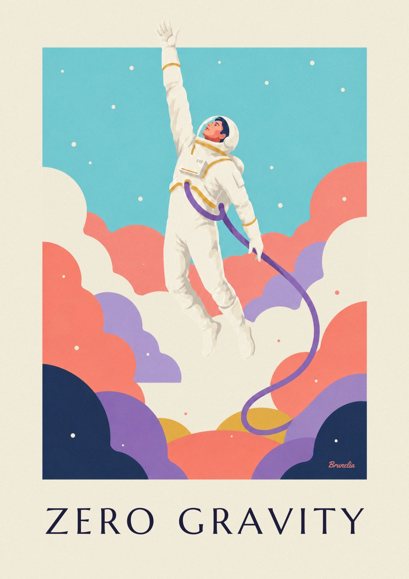 The astronaut in a white suit with gold trim, with a purple hose against a turquoise background