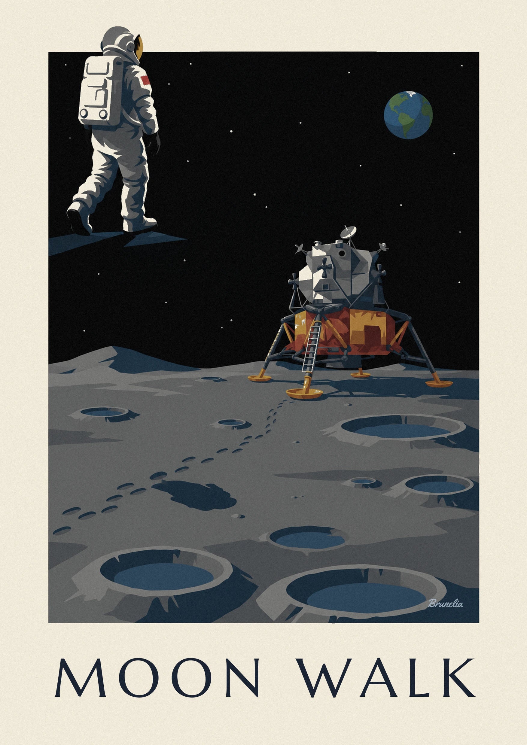 Affiche astronaute marchant vers le module lunaire sur la Lune : détail en gros plan