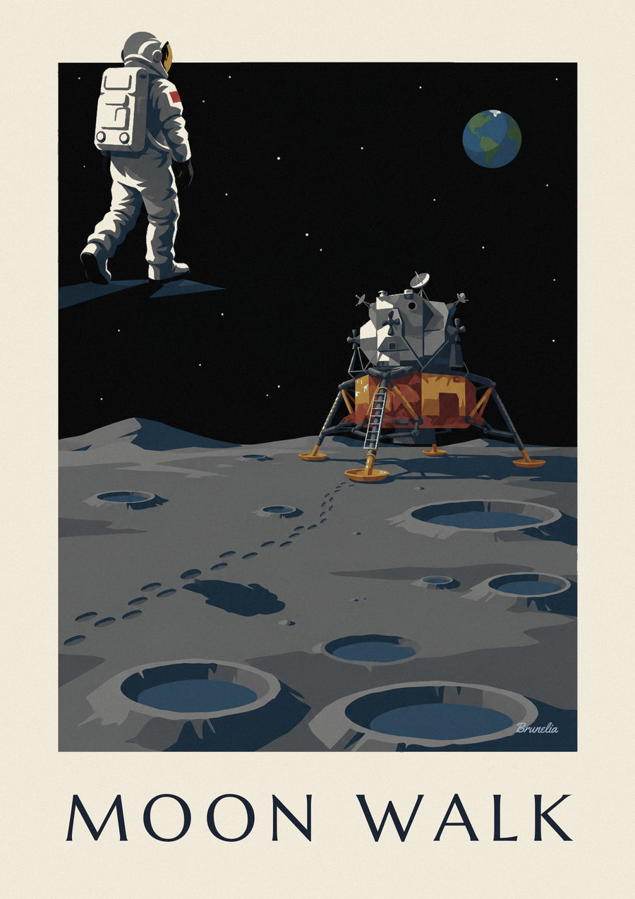 Affiche astronaute marchant vers le module lunaire sur la Lune