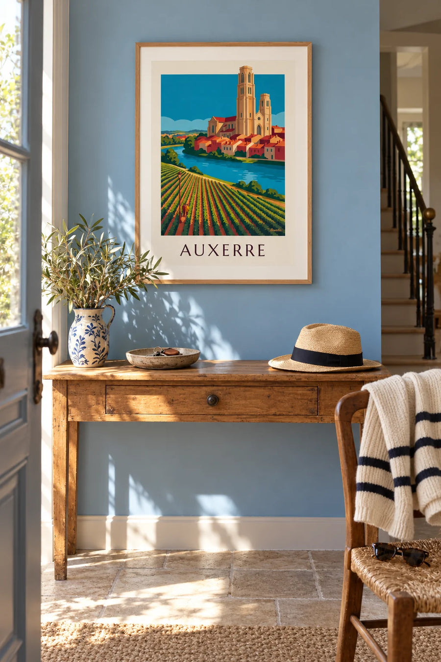 Affiche vignobles d'Auxerre et cathédrale au bord de l'Yonne : encadrée au mur