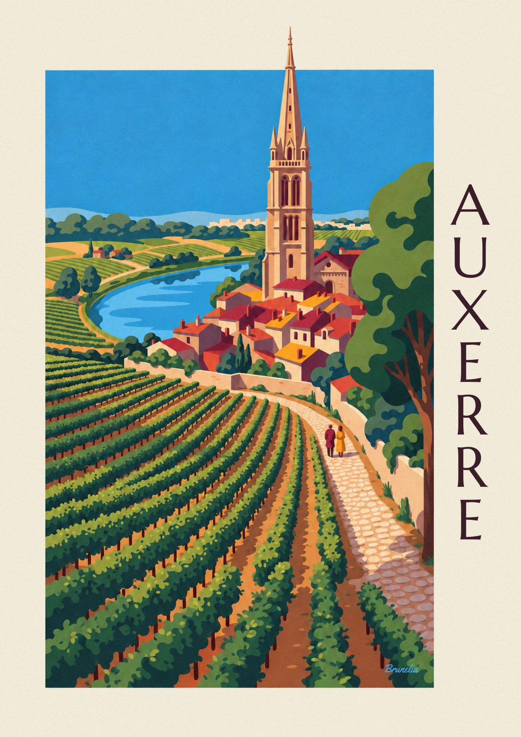 La tour ocre de la cathédrale au-dessus des toits rouges et de l’Yonne