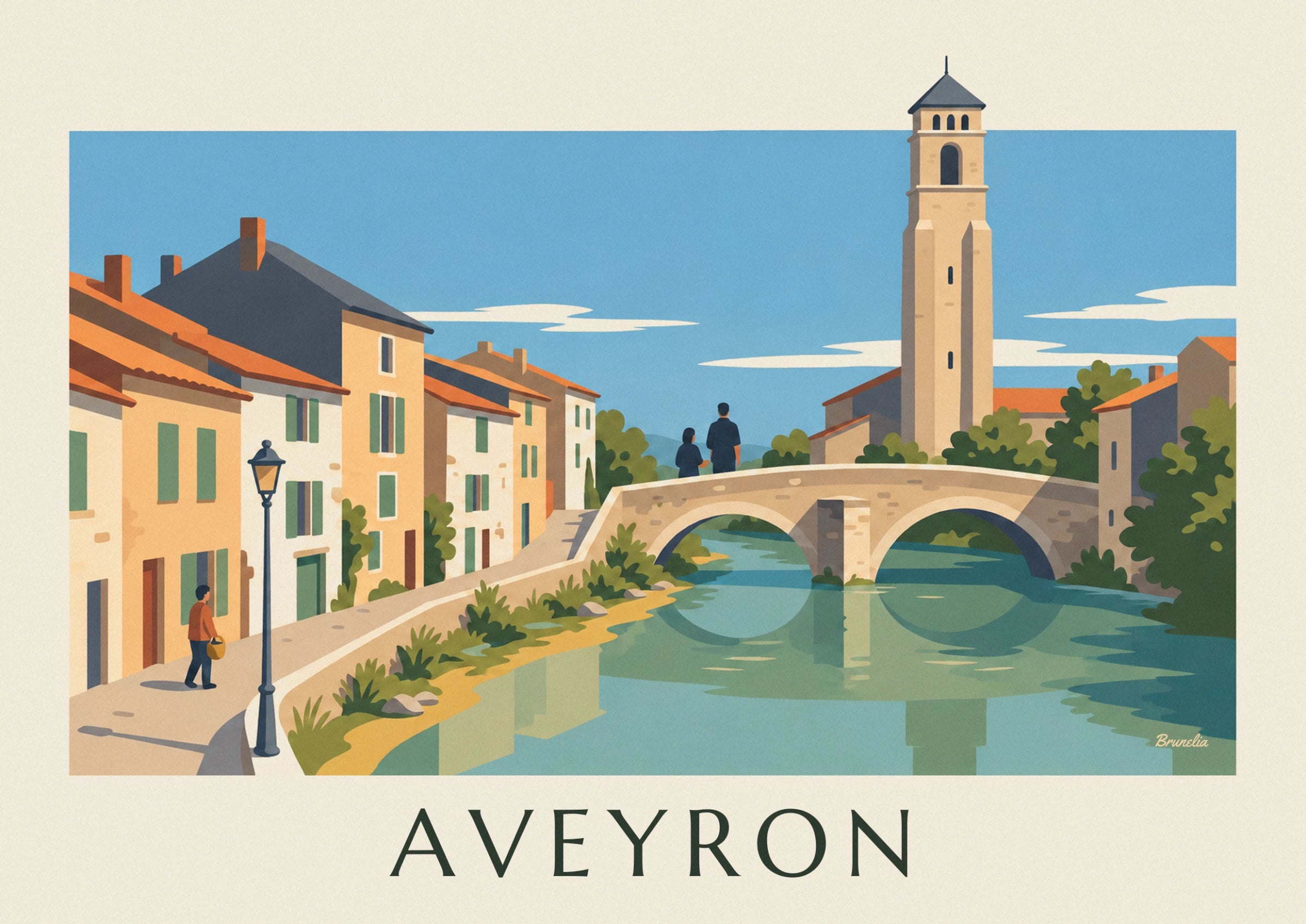 The stone bridge with 2 arches over the river, with 2 passers-by in front of the bell tower