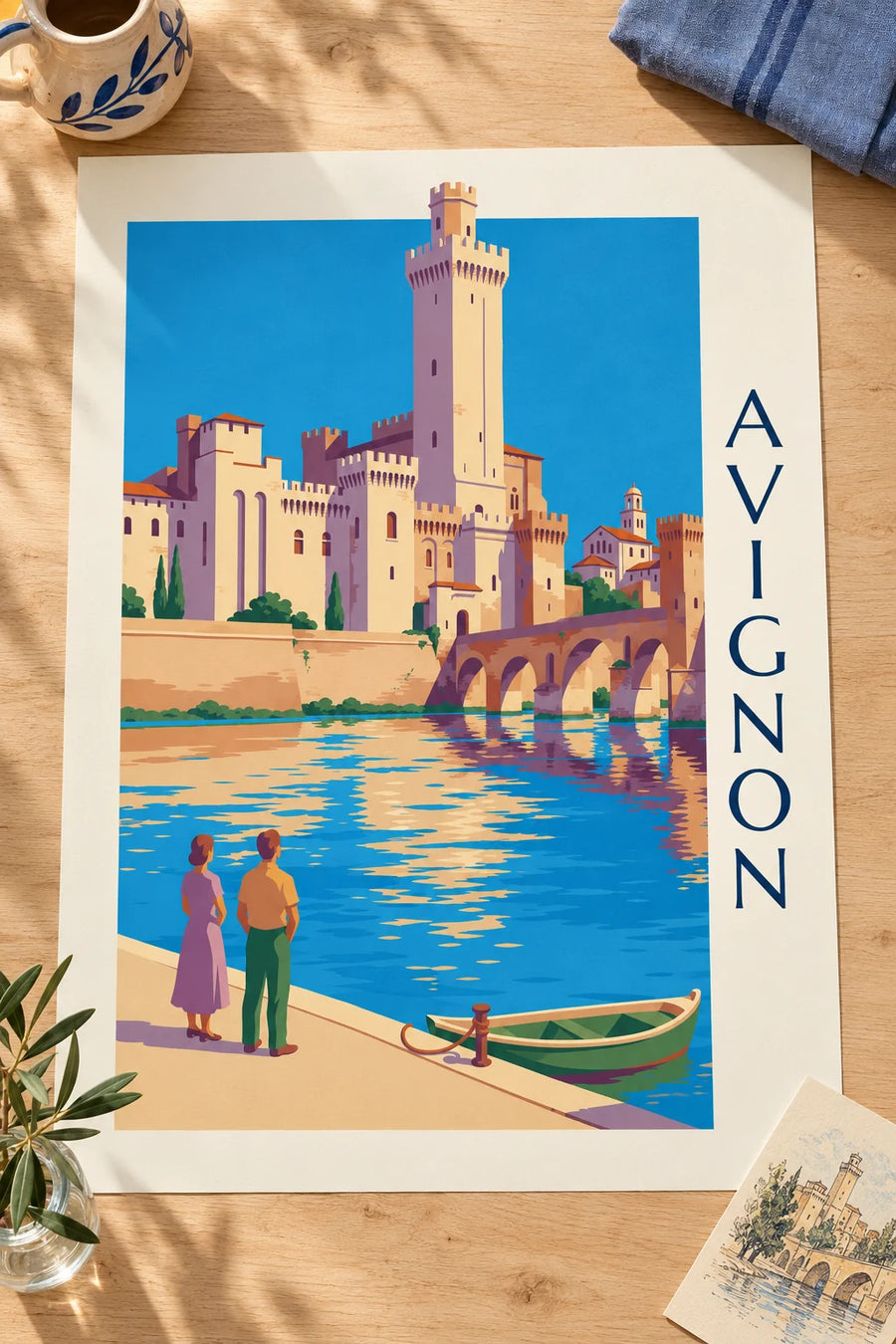 Poster Pont Saint-Bénézet en Pauselijk Paleis in Avignon : neergezet op een tafel