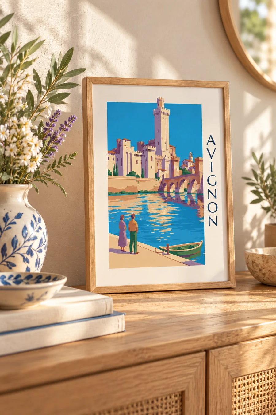 Poster Pont Saint-Bénézet en Pauselijk Paleis in Avignon : klein A4-formaat, ingelijst