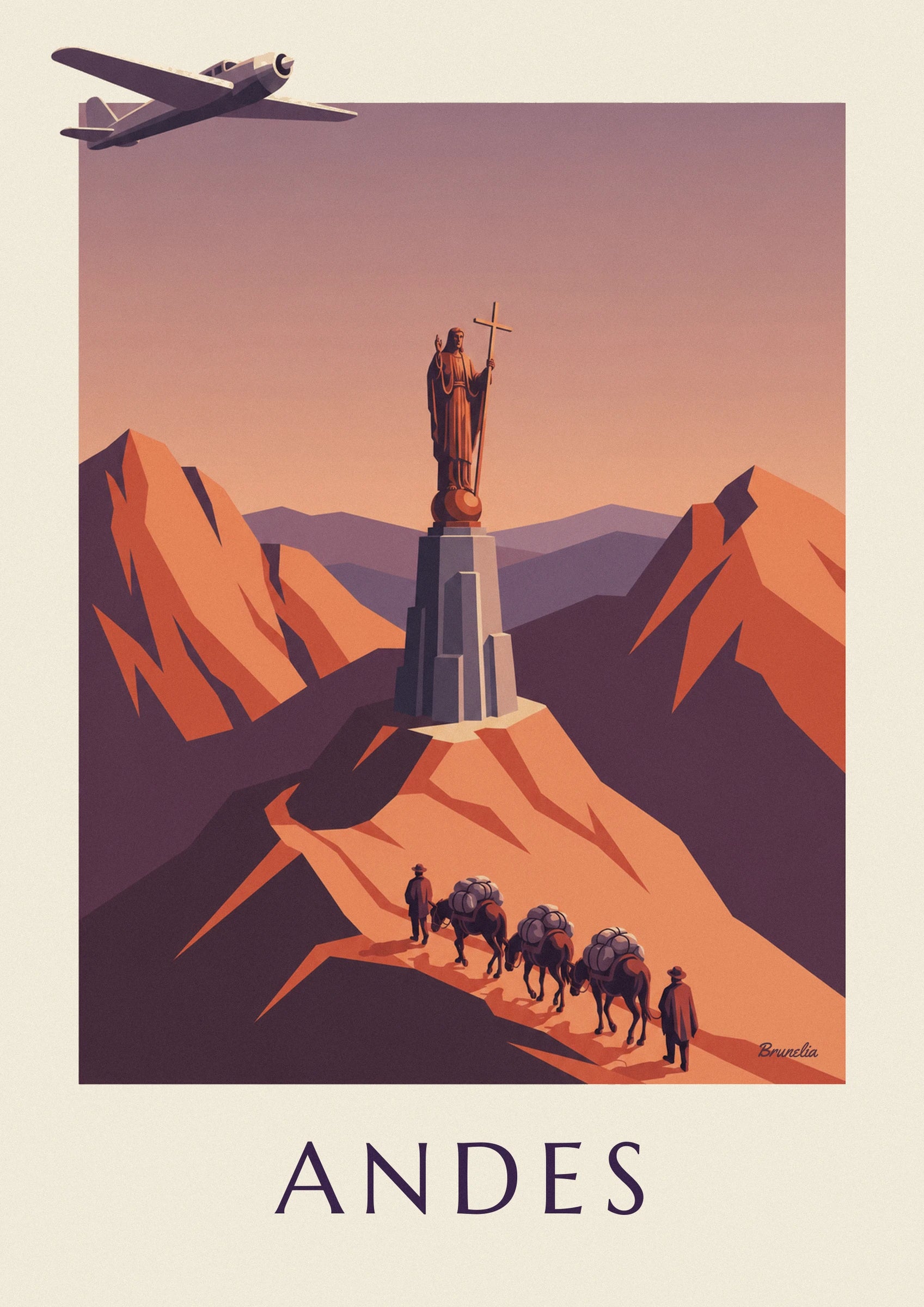 Affiche avion postal et caravane de mules dans les Andes : détail en gros plan