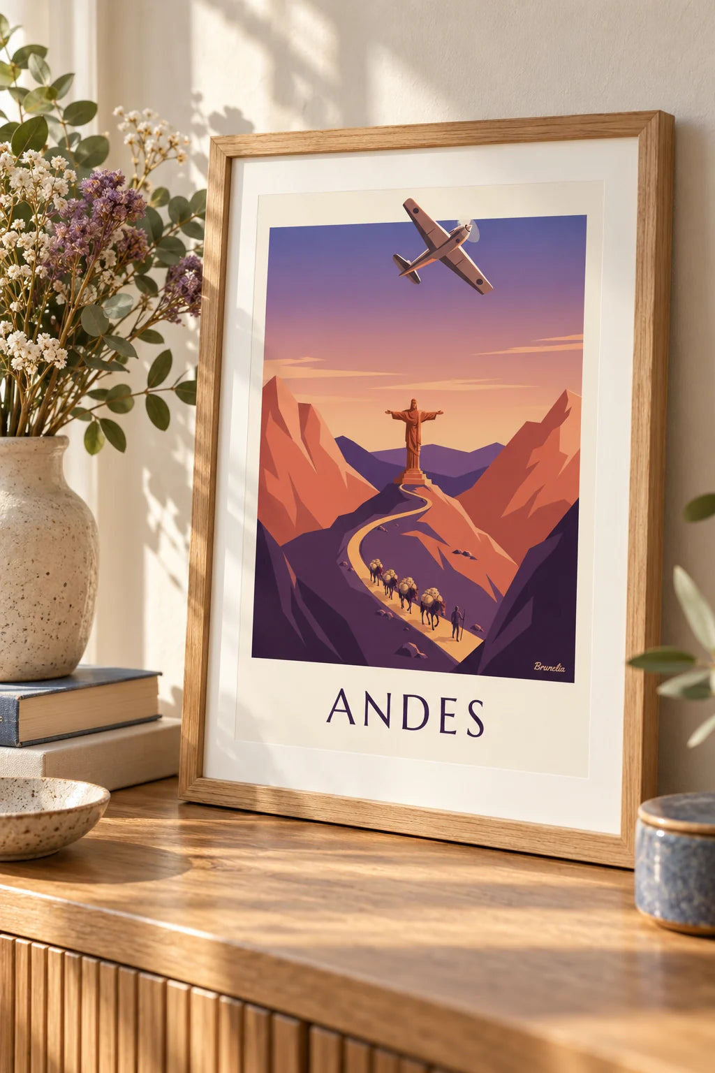Bureau : mise en situation de Affiche avion postal et caravane de mules dans les Andes