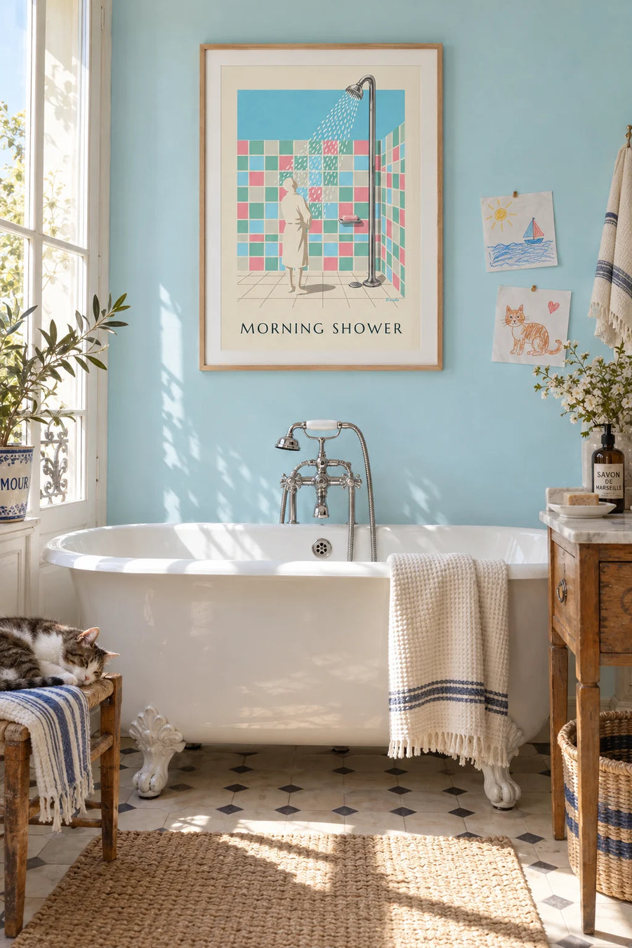 Poster of a chrome showerhead and pastel tiles: framed on the wall