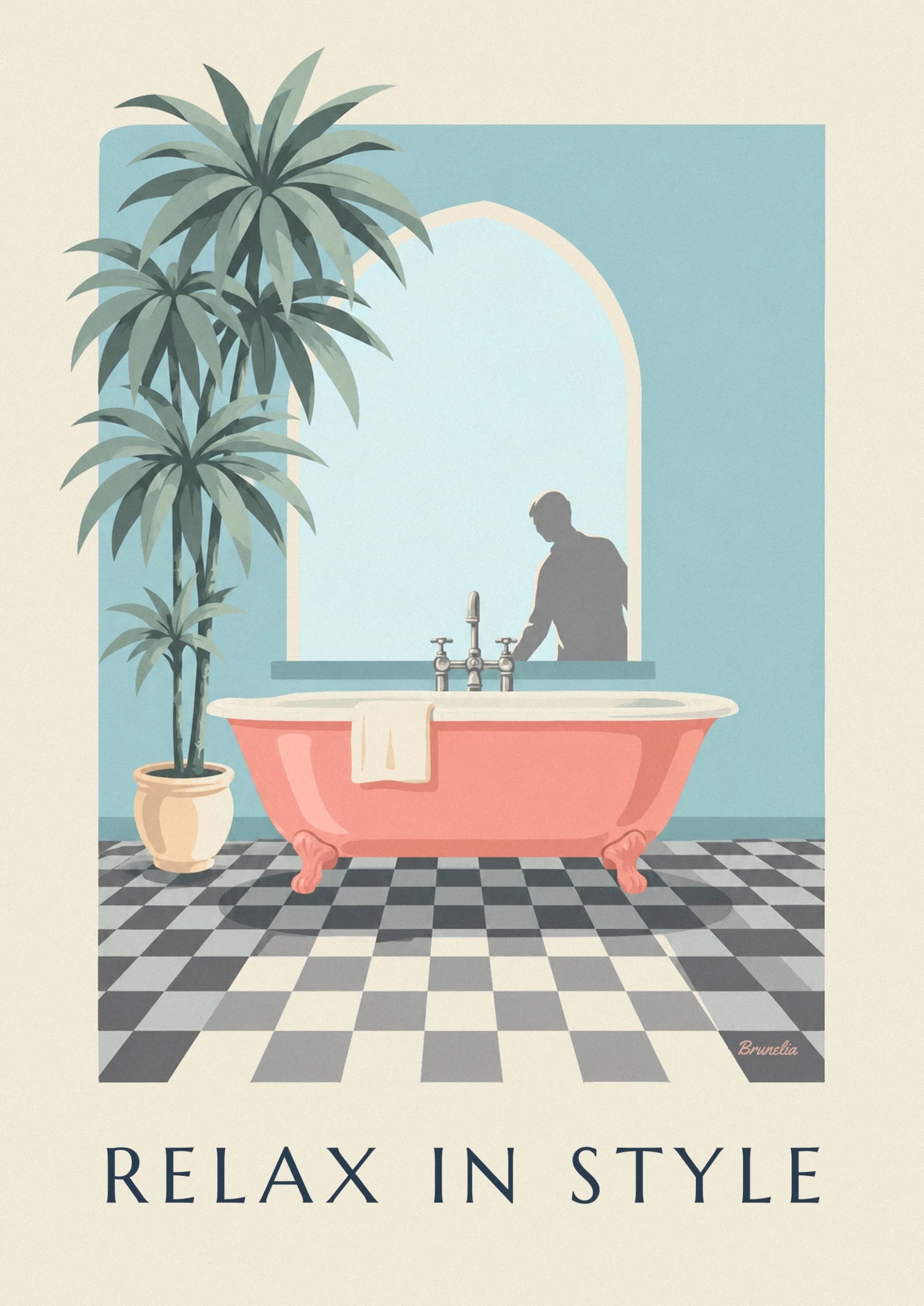 Affiche baignoire corail et carrelage à damier : détail en gros plan