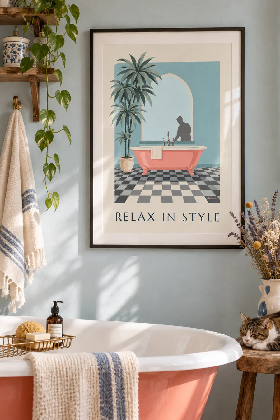Affiche baignoire corail et carrelage à damier : encadrée au mur