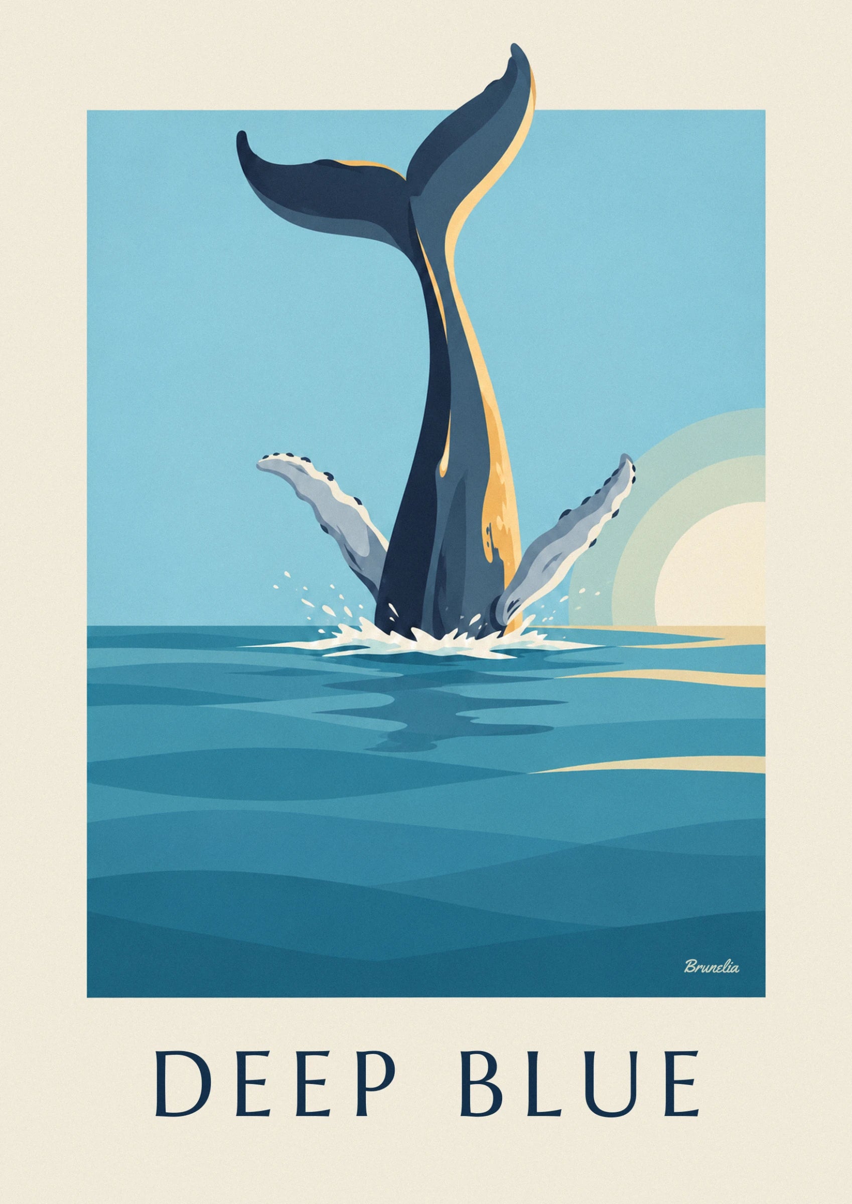 La queue dressée de la baleine, bleu sombre et bordée d'or sur fond turquoise