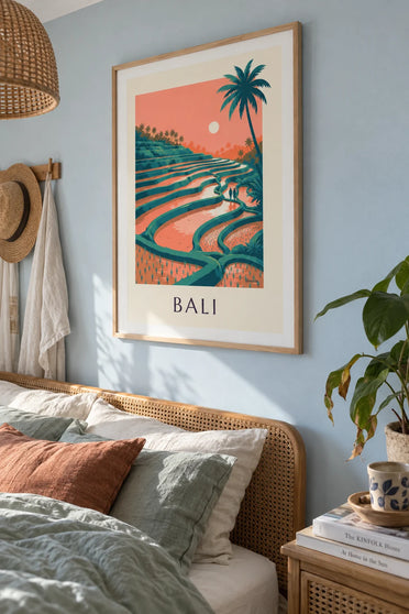 Poster van de terrasvormige rijstvelden van Bali bij zonsondergang: ingelijst aan de muur