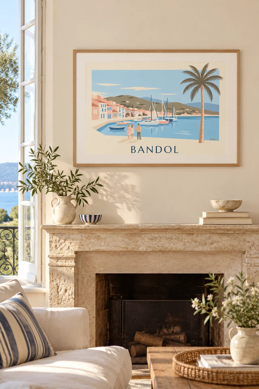 Poster Segelboote und Palme im Hafen von Bandol: gerahmt an der Wand