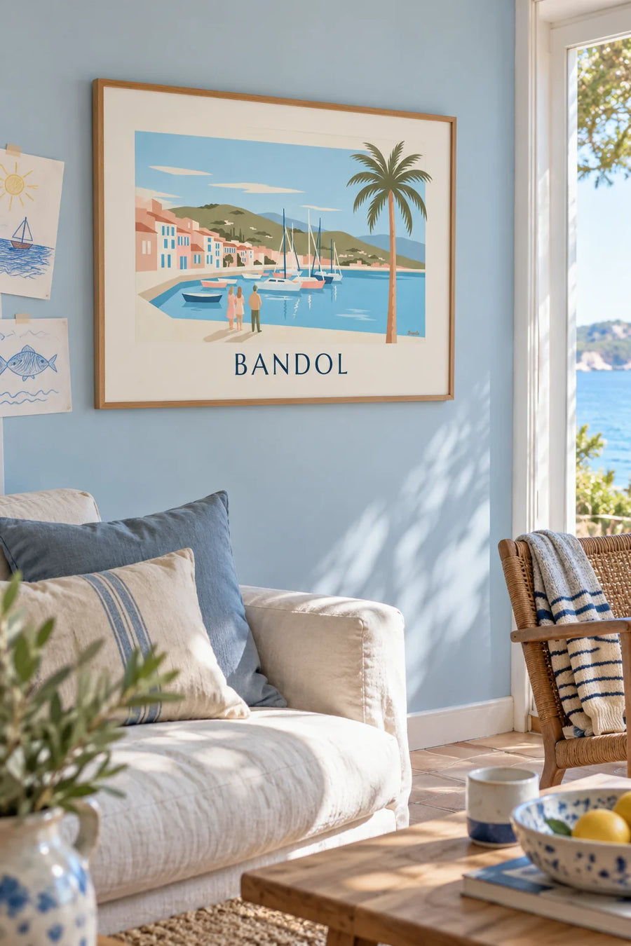 Affiche voiliers et palmier sur le port de Bandol : encadrée au mur