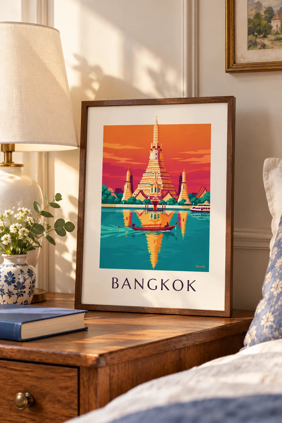 Poster van de tempel Wat Arun aan de rivier in Bangkok: klein A4-formaat in lijst