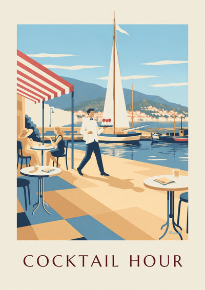 Poster Kellner und Aperitifs auf einer Hafenterrasse: das ganze Poster