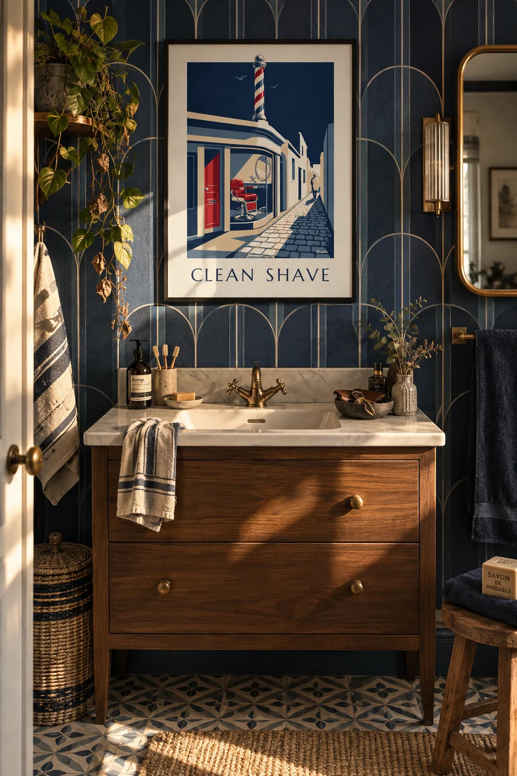 Mise en situation de Affiche barber shop avec fauteuil de barbier et rasoir droit