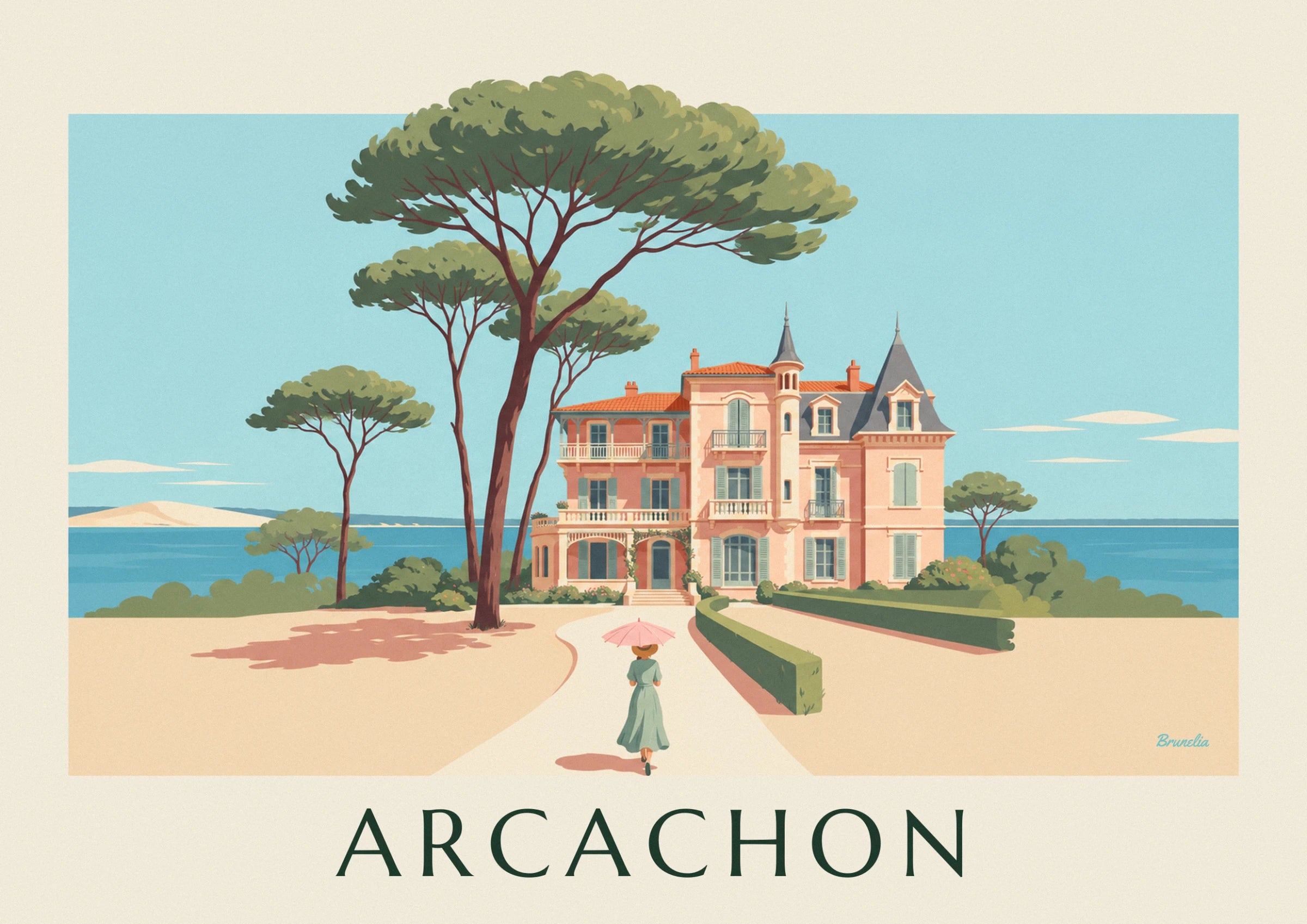 The pink villa with a turret and slate roof, with a lady carrying a pink parasol on the path
