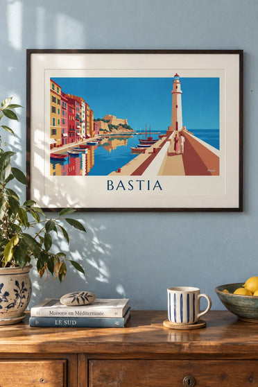 Poster of the old port of Bastia and its colorful facades in Corsica: framed on the wall