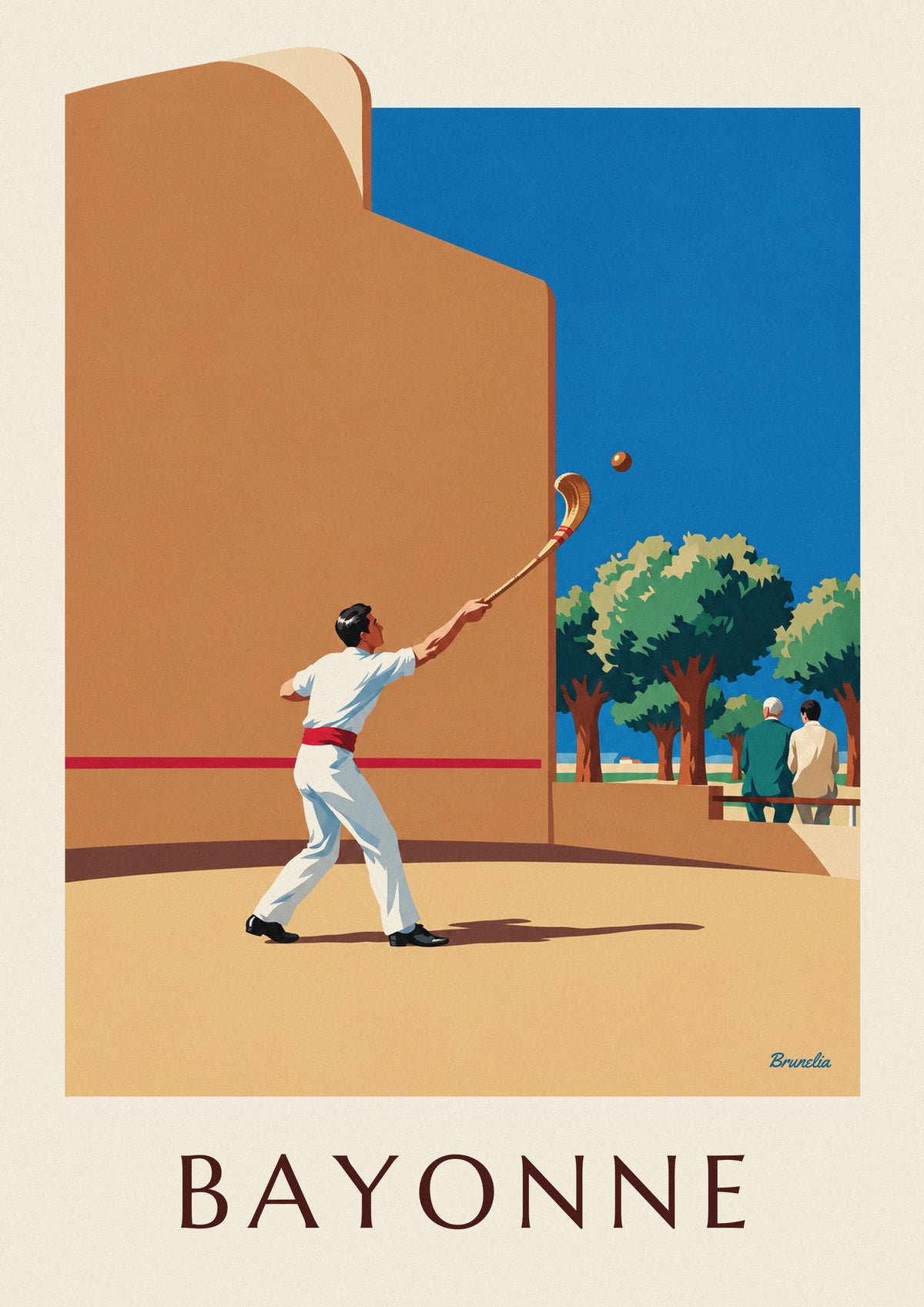 Poster Pelota-Spieler mit Chistera vor dem Fronton von Bayonne