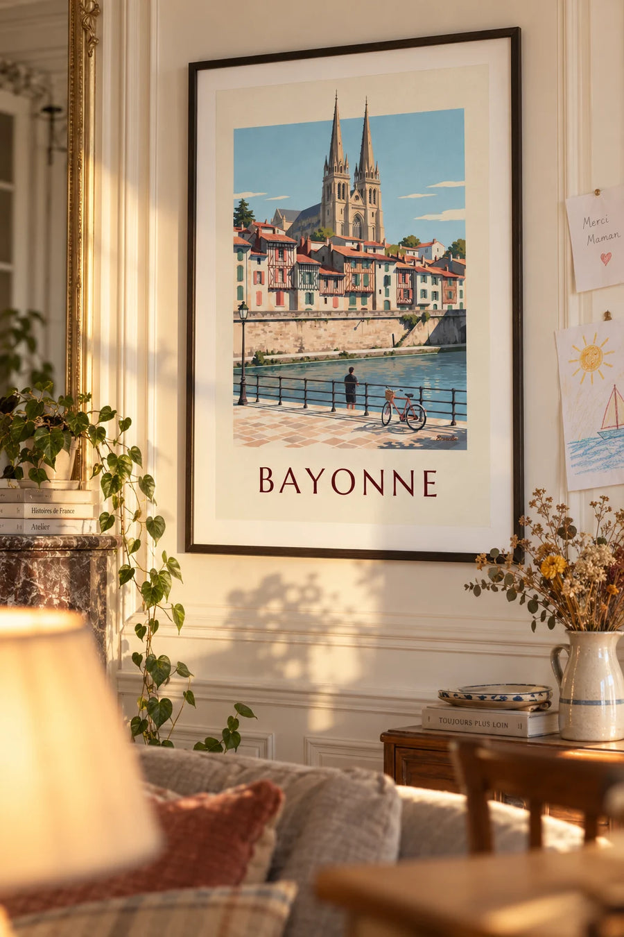 Affiche cathédrale de Bayonne et vélo au bord de la Nive : encadrée au mur