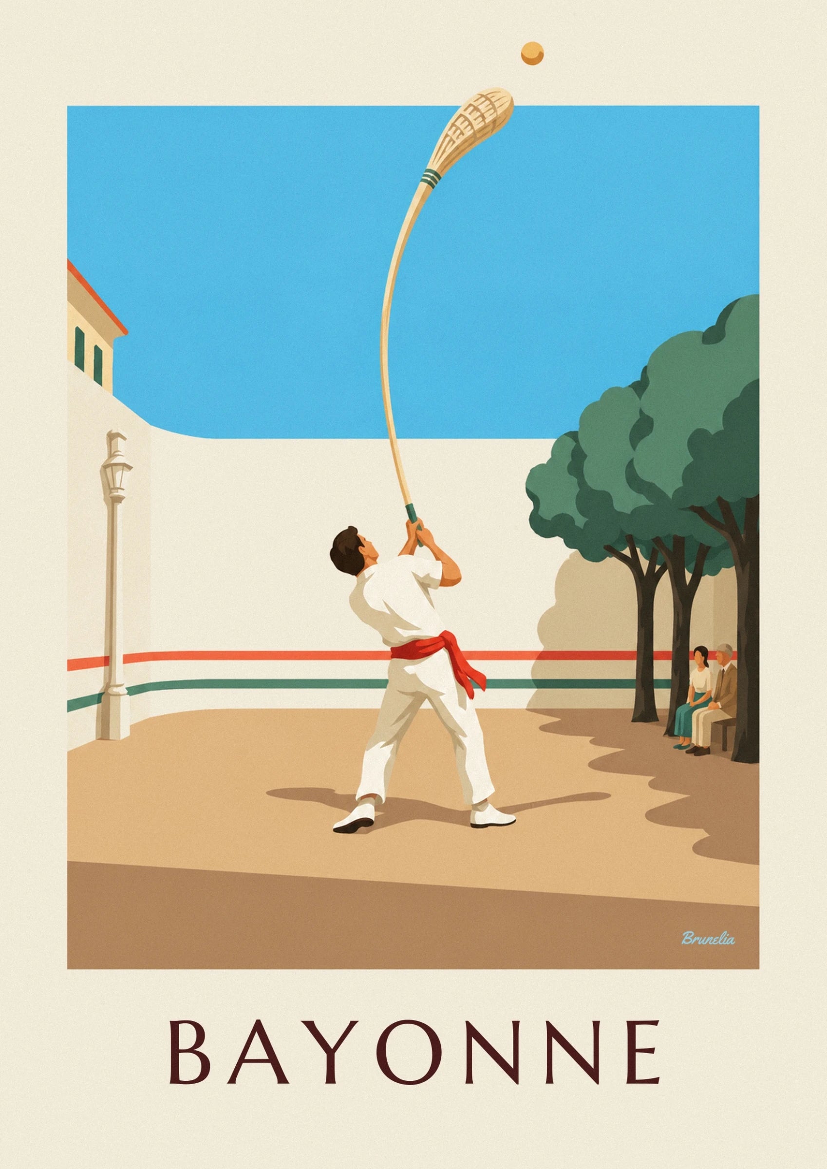 Le joueur en blanc, ceinture rouge et bras levés devant le fronton