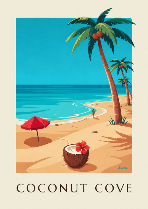 Poster Cocktail in einer Kokosnuss an einem tropischen Strand: das ganze Poster