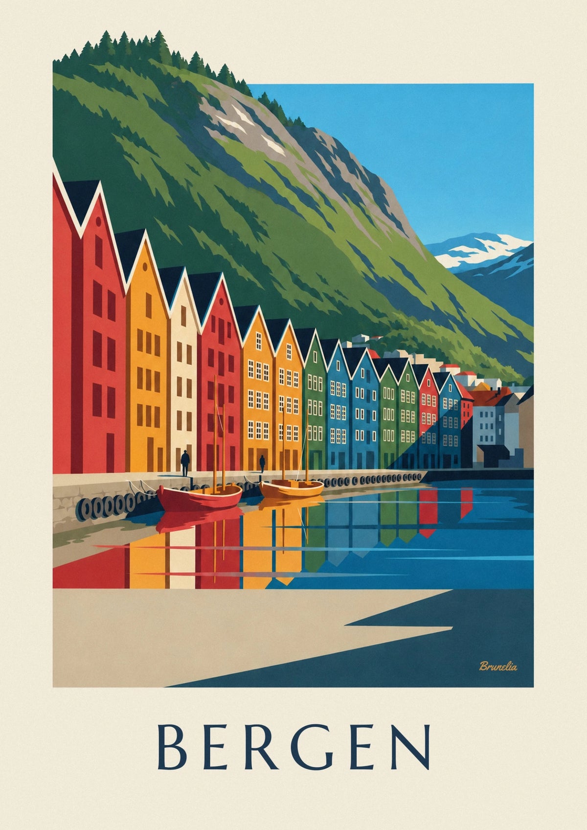Affiche quai de Bryggen, maisons colorées et port de Bergen