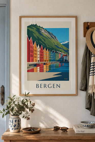 Poster Kai Bryggen, bunte Häuser und Hafen von Bergen: gerahmt an der Wand