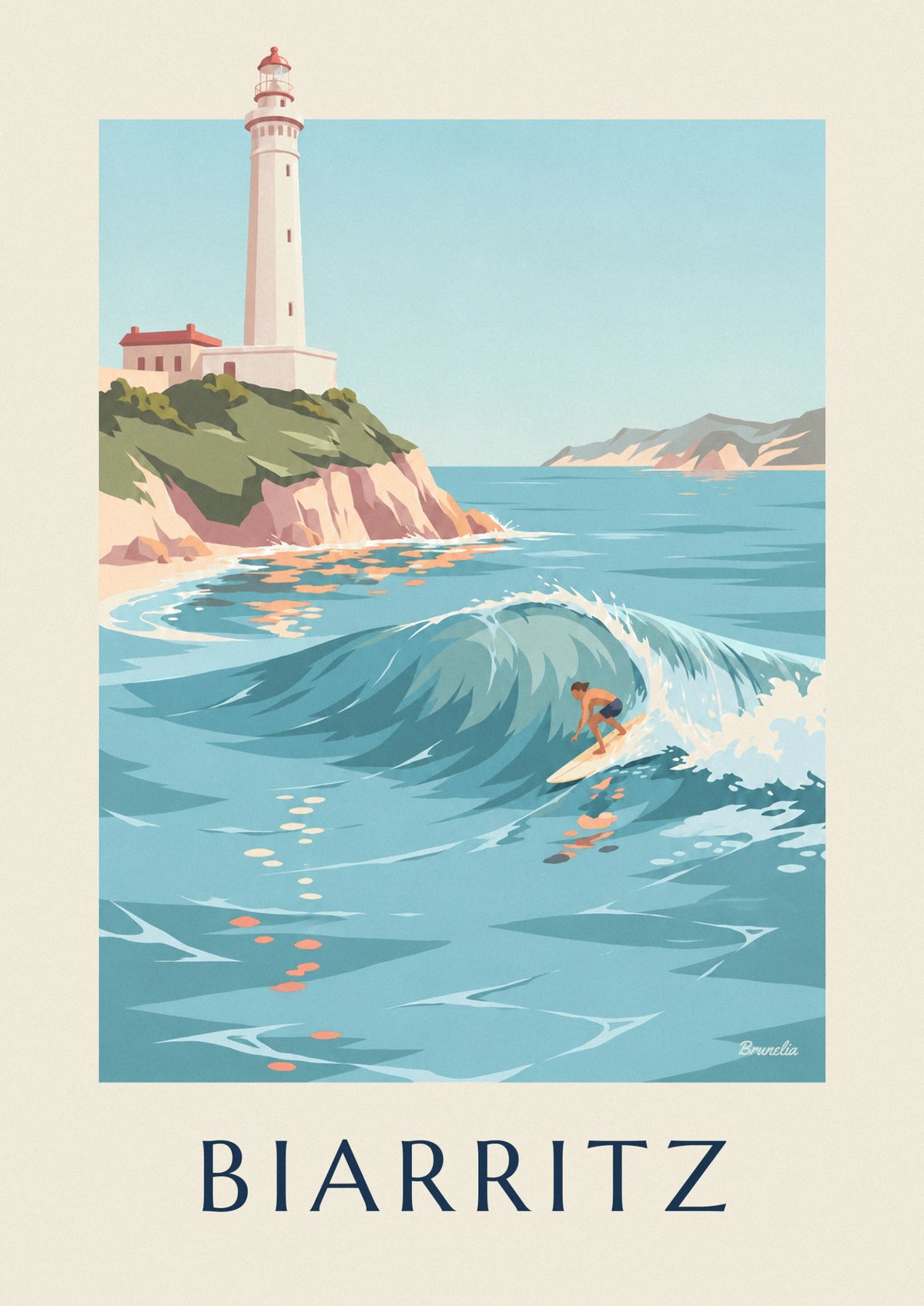 Affiche surfeur sous le phare de Biarritz sur la côte basque