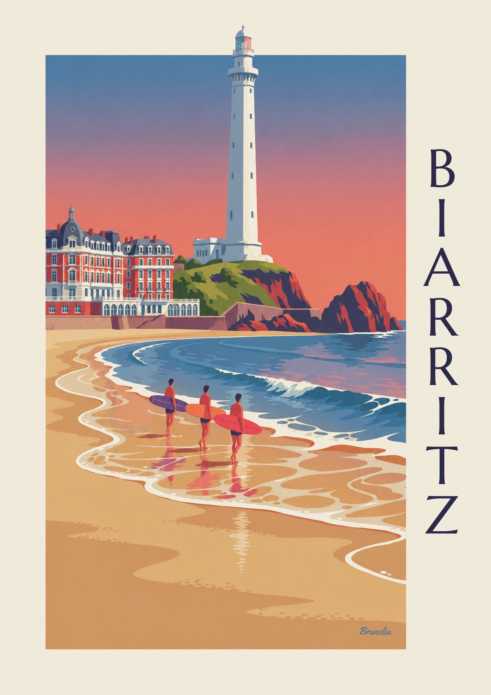 Affiche surfeurs et longboards devant l'Hôtel du Palais à Biarritz : détail en gros plan