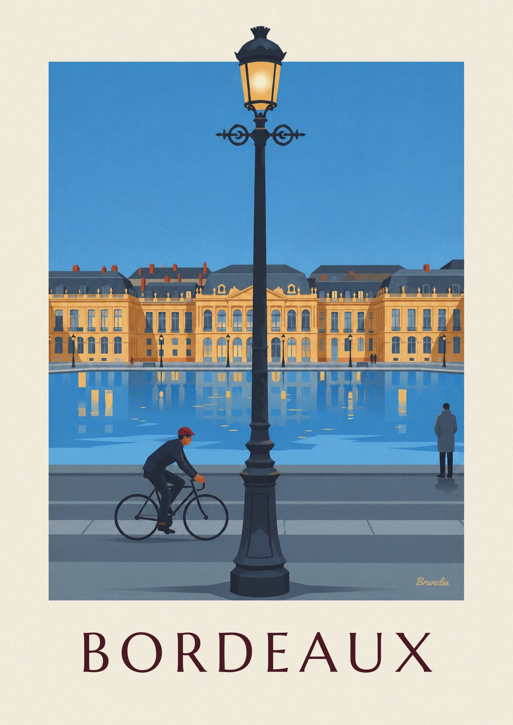 Le cycliste à casquette rouge sur son vélo noir, au bord du miroir d’eau