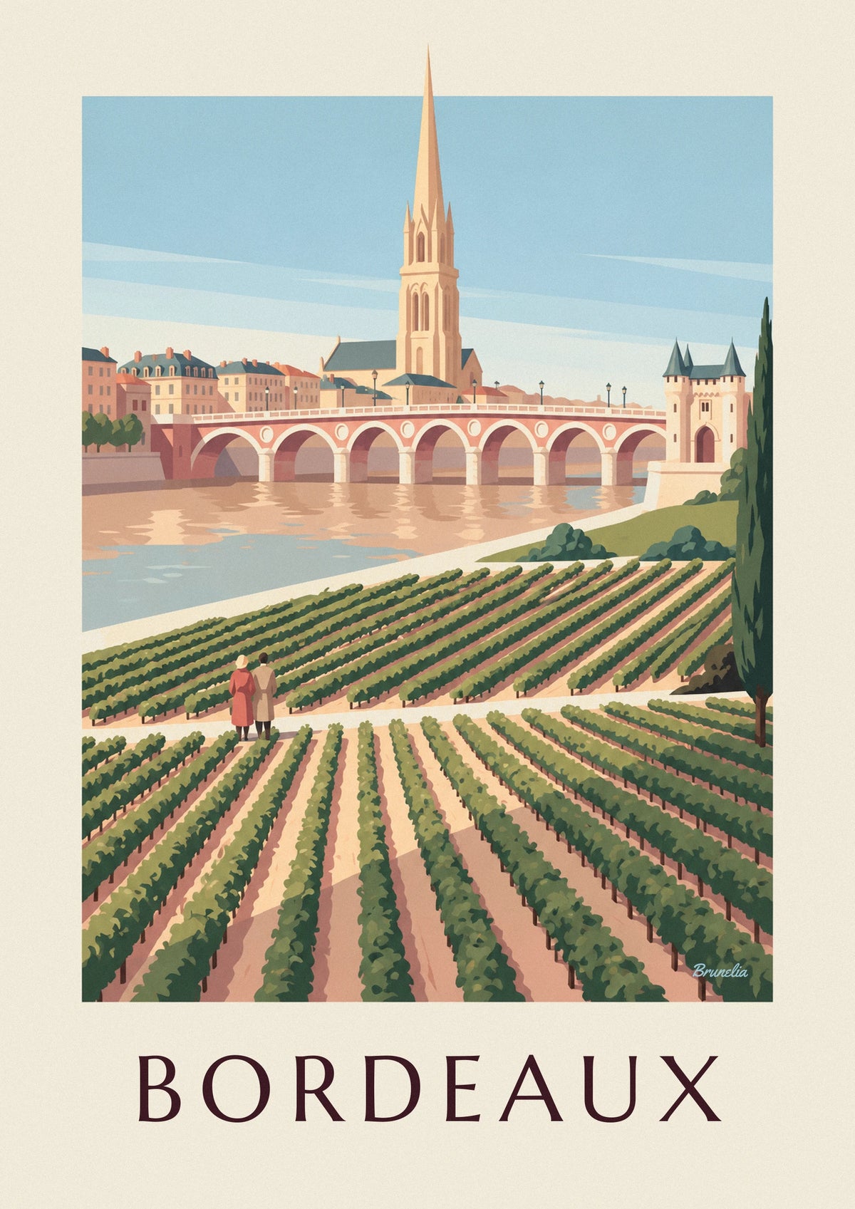 Poster Pont de Pierre en Porte Cailhau in Bordeaux gezien vanuit de wijngaarden